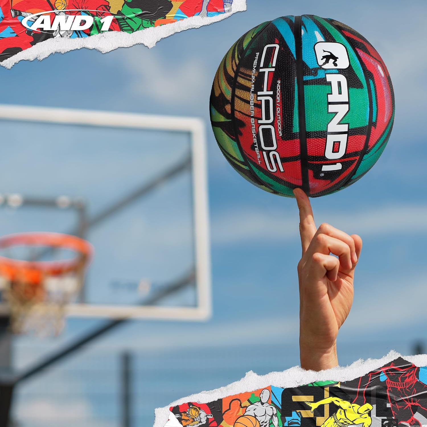 AND1 Chaos Basketball: Official Regulation Size 7 (29.5 Inches) Rubber - Deep Channel Construction Streetball, Made for Indoor Outdoor Basketball Games