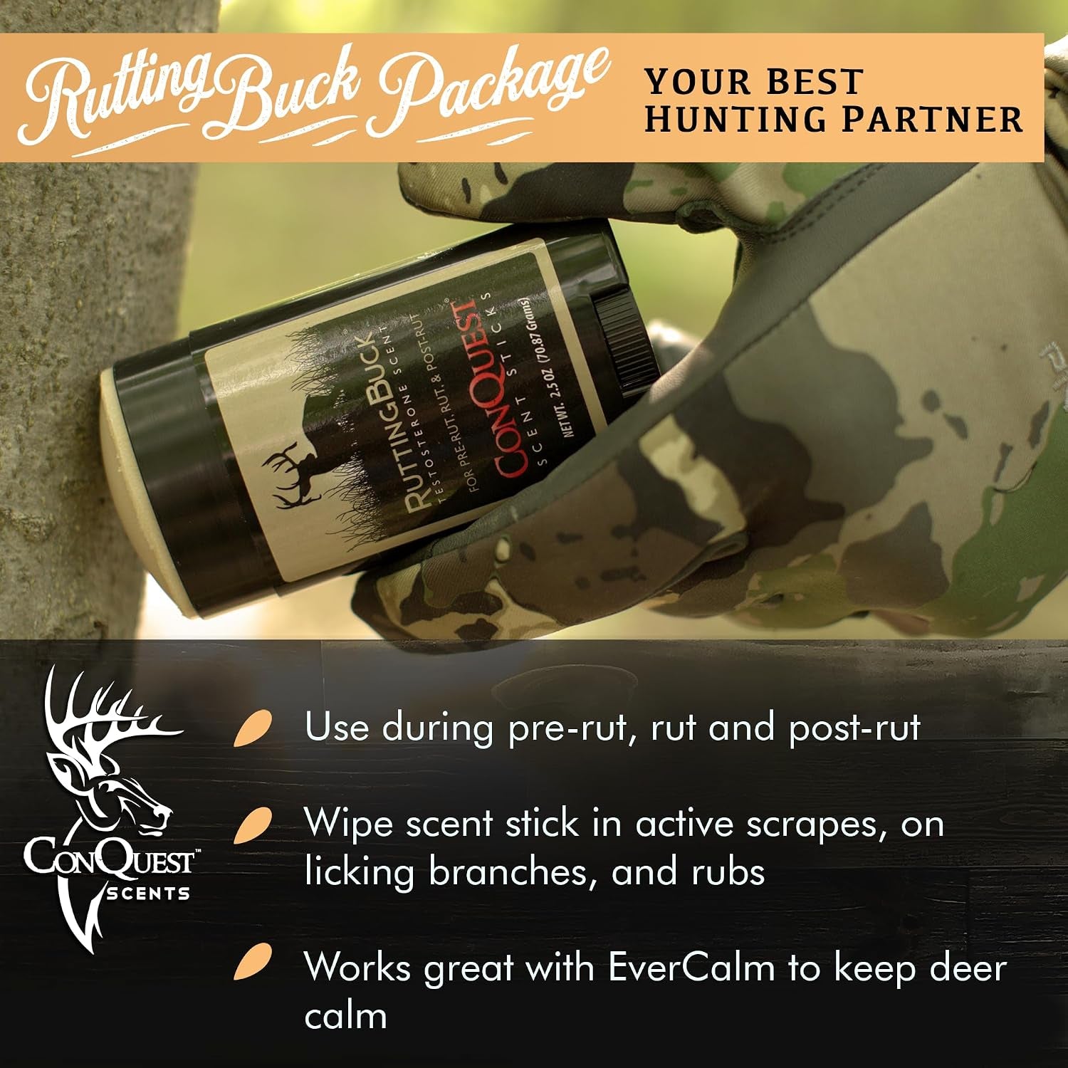 Conquest Scents Ruttingbuck Package – Ruttingbuck & Evercalm Deer Herd Scent Stick, Deer Attractant & Calming Scent, All-Season Hunting Wax Sticks, 2.5 Oz