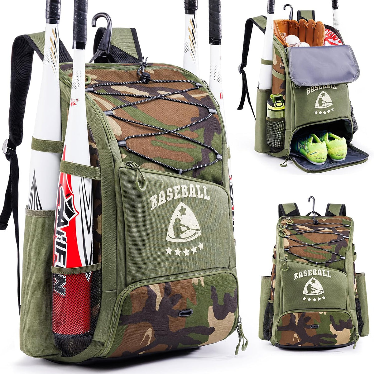 Baseball Bag for Youth & Adult with 4 Bat Sleeves - Softball Bat Bag with Shoe Compartment - Baseball Backpack for T-Ball, Softball Equipment, Baseball Gear, Baseball Bags for Boys 8-12