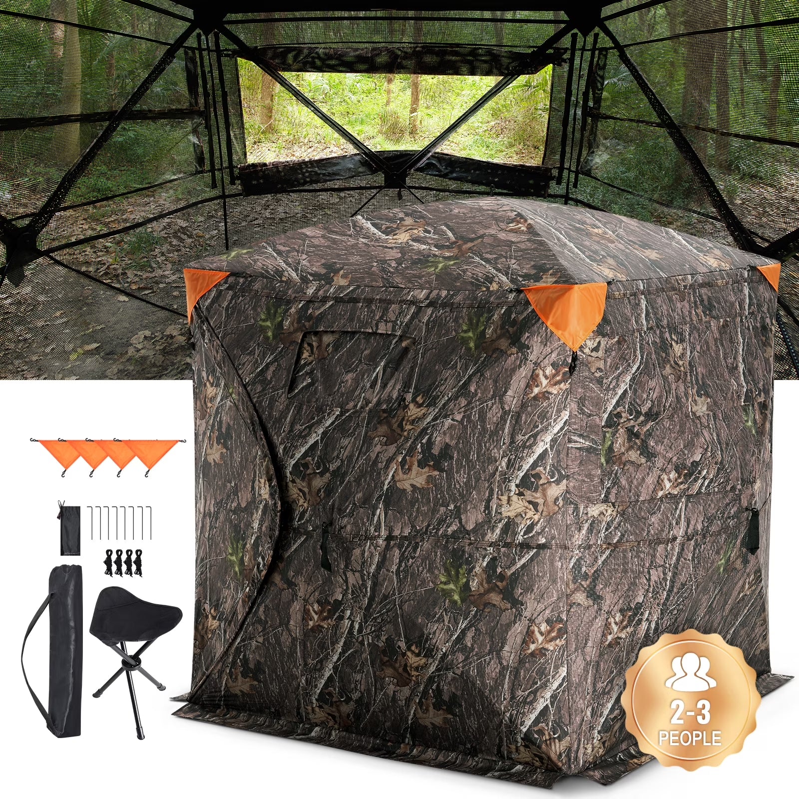 VEVOR Hunting Blind, 270° See through Ground Blind, 2-3 Person Pop up Deer Blind for Hunting with Carrying Bag, Portable Resilient Hunting Tent, One-Way See-Through Mesh for Turkey and Deer Hunting