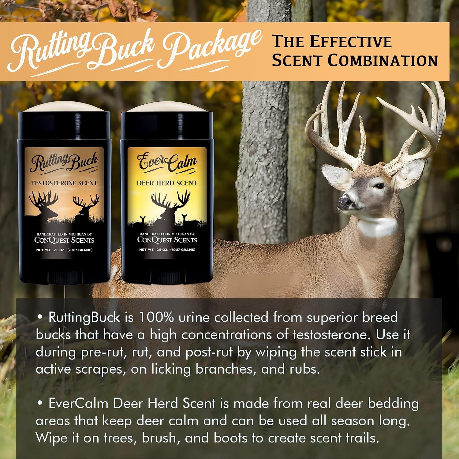 Conquest Scents Ruttingbuck Package – Ruttingbuck & Evercalm Deer Herd Scent Stick, Deer Attractant & Calming Scent, All-Season Hunting Wax Sticks, 2.5 Oz