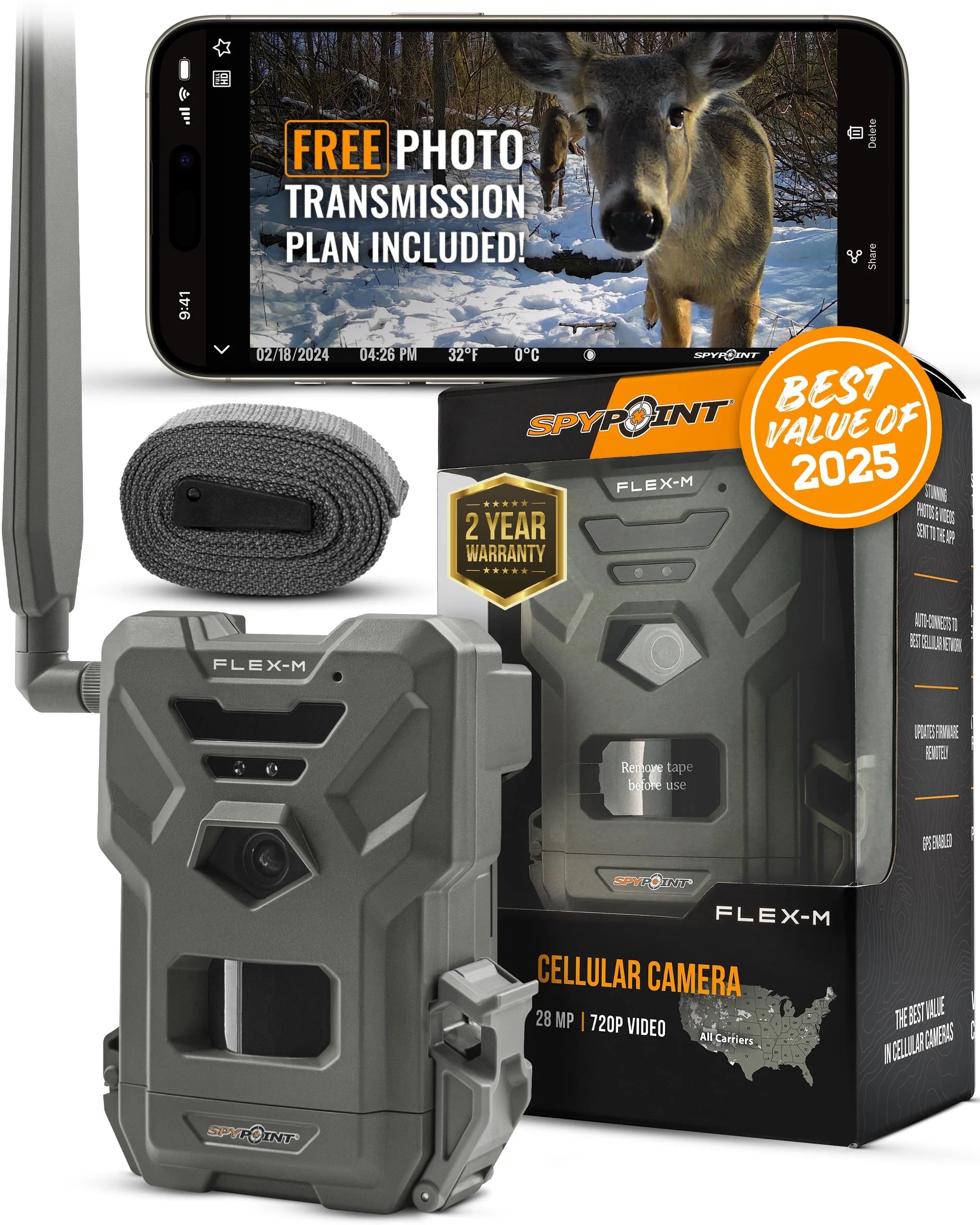 SPYPOINT Flex-M Cellular Trail Camera, 28MP Photos, 720P Video with Sound, Night Vision, Motion Activated, Dual-Sim LTE, 1 Pack