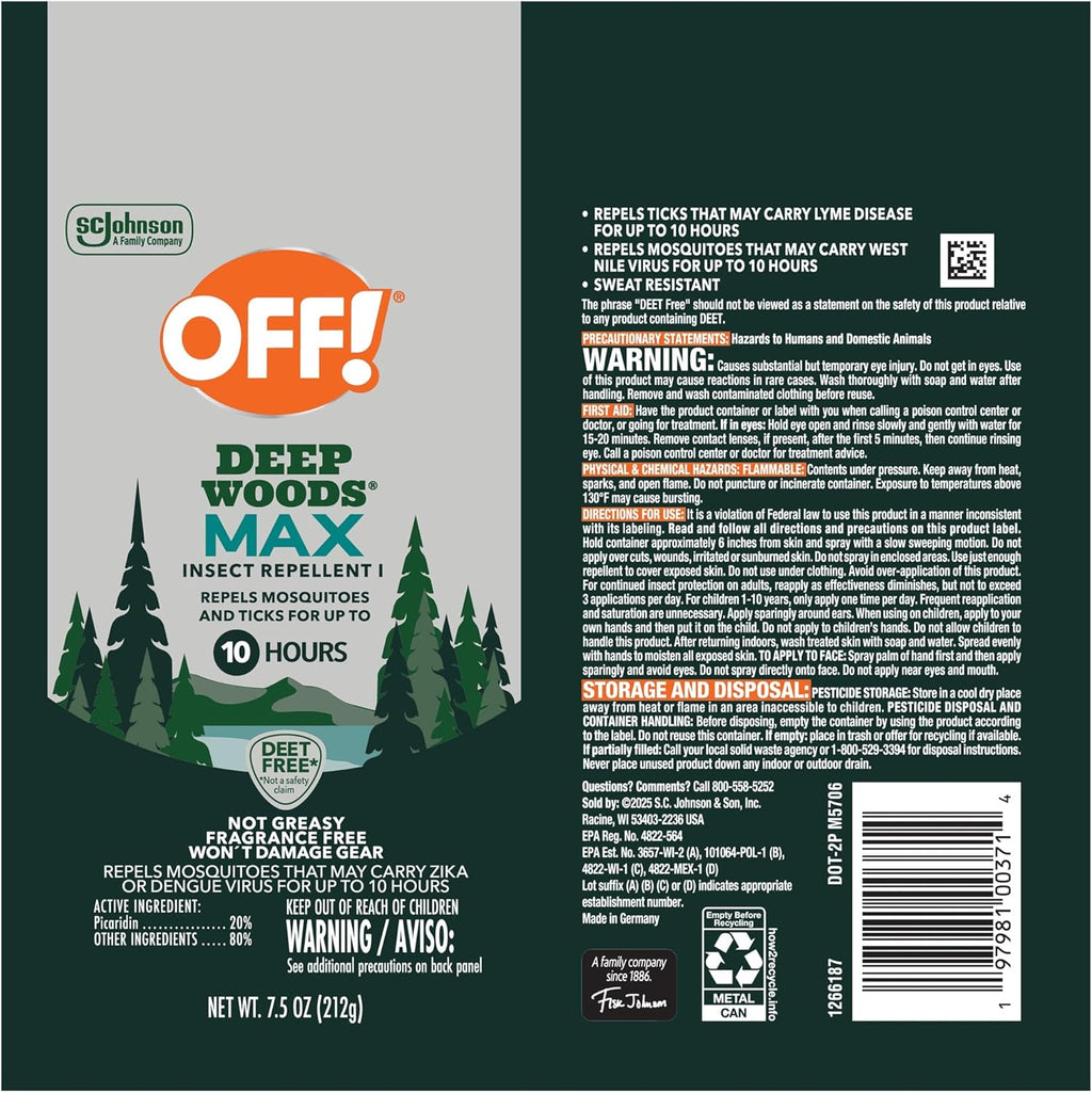 OFF! Deep Woods Max Insect Repellent, Mosquito & Tick Aerosol Bug Spray with 20% Picaridin, Long Lasting Deet-Free Protection for up to 10 Hours 7.5 Oz