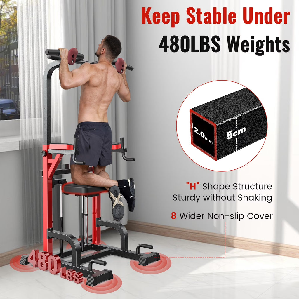 HASIMAN Power Tower Pull up Bar Dip Station with Resistance Assisted Pad Multi-Function Adjustable Height Home Gym Strength Training Fitness Workout Equipment 480 LBS