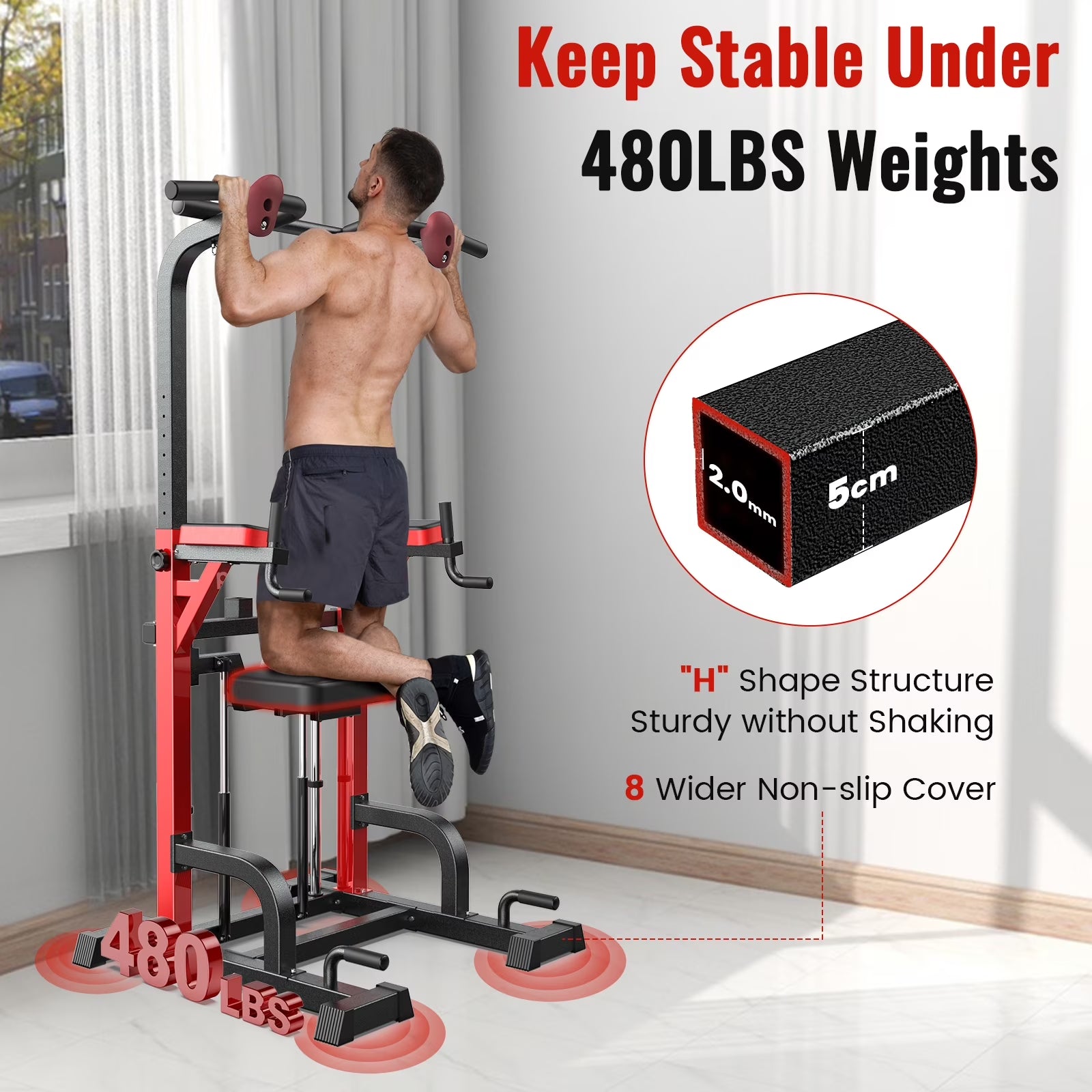 HASIMAN Power Tower Pull up Bar Dip Station with Resistance Assisted Pad Multi-Function Adjustable Height Home Gym Strength Training Fitness Workout Equipment 480 LBS