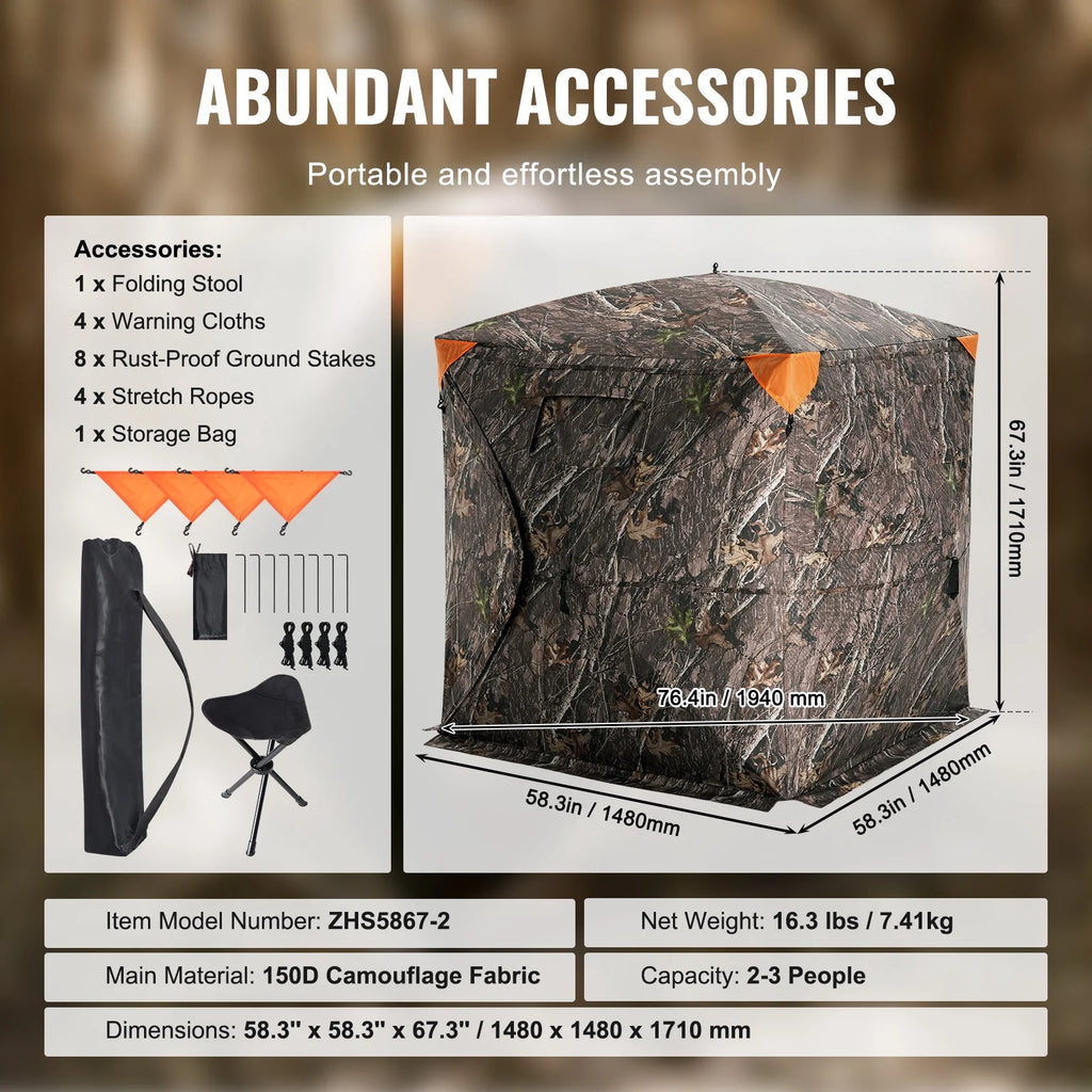 VEVOR Hunting Blind, 270° See through Ground Blind, 2-3 Person Pop up Deer Blind for Hunting with Carrying Bag, Portable Resilient Hunting Tent, One-Way See-Through Mesh for Turkey and Deer Hunting