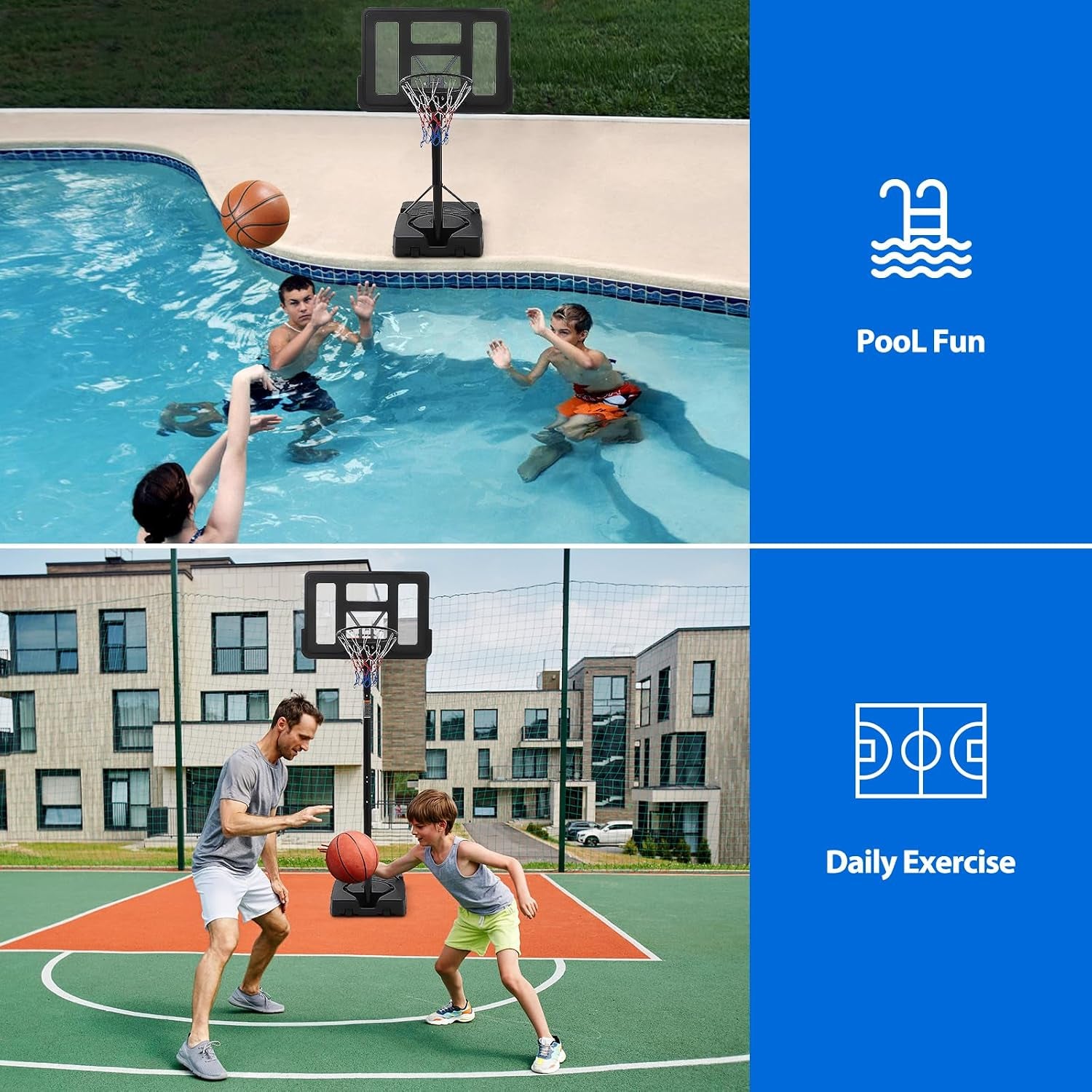Portable Basketball Hoop Outdoor, 4.9-10FT Height Adjustable Basketball Hoop Goal System with 44 Inch Shatterproof Backboard, Sturdy Base,Ideal for Youth/Teens/Adults Indoor Outdoor 3+