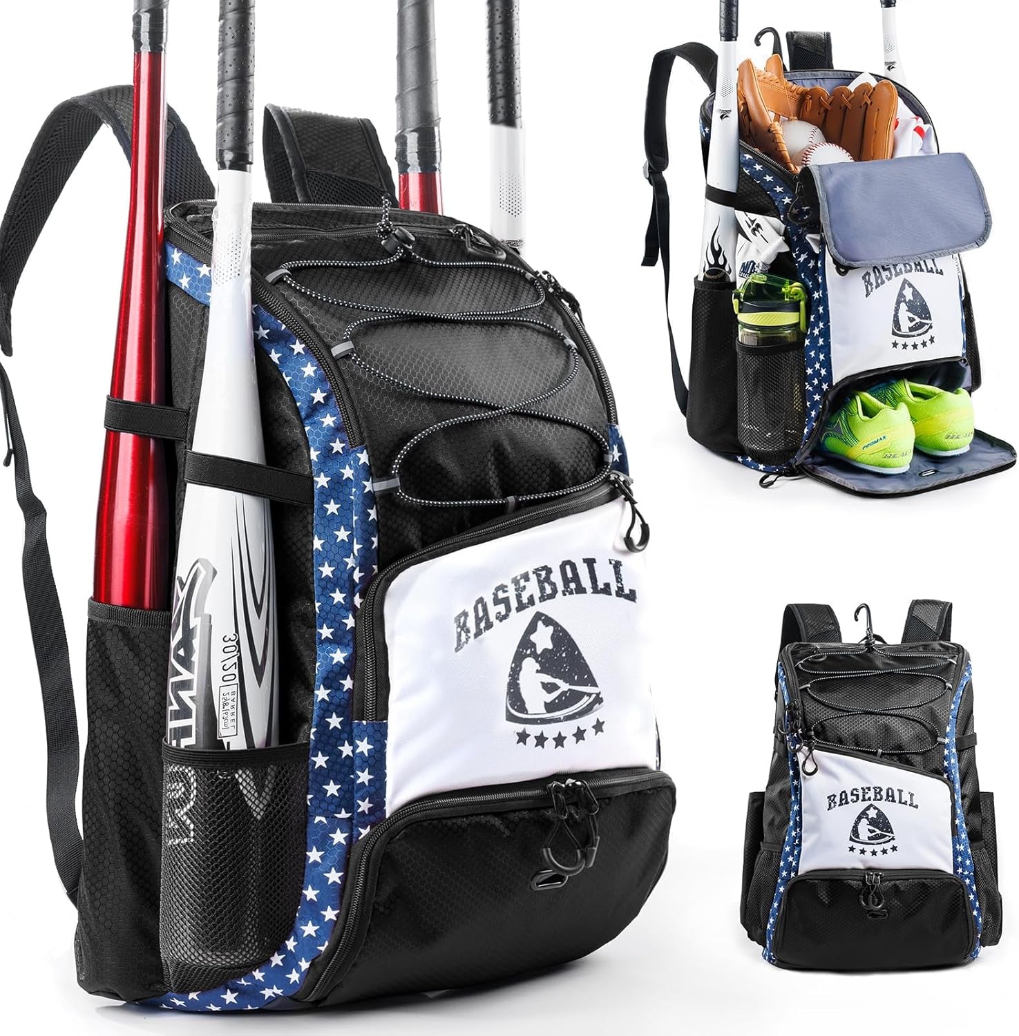 Baseball Bag for Youth & Adult with 4 Bat Sleeves - Softball Bat Bag with Shoe Compartment - Baseball Backpack for T-Ball, Softball Equipment, Baseball Gear, Baseball Bags for Boys 8-12