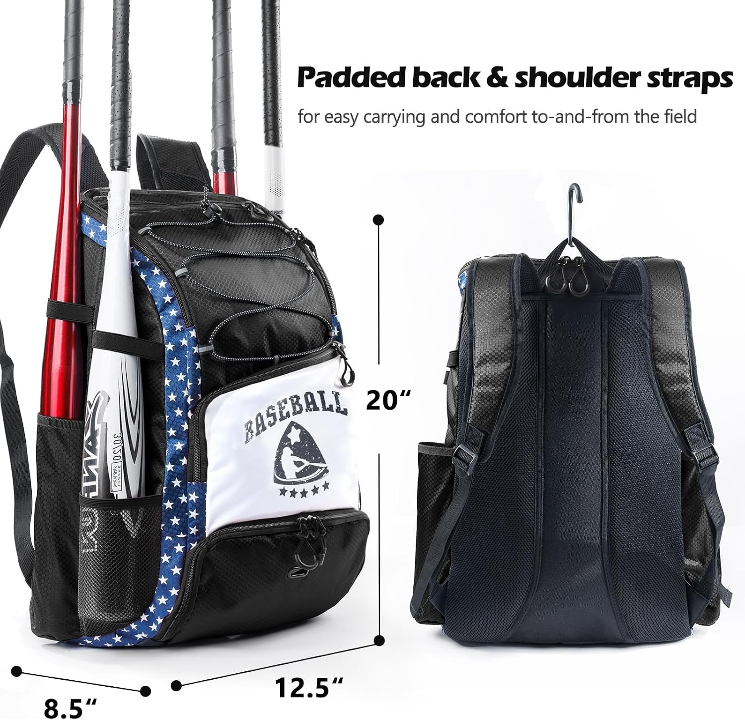 Baseball Bag for Youth & Adult with 4 Bat Sleeves - Softball Bat Bag with Shoe Compartment - Baseball Backpack for T-Ball, Softball Equipment, Baseball Gear, Baseball Bags for Boys 8-12