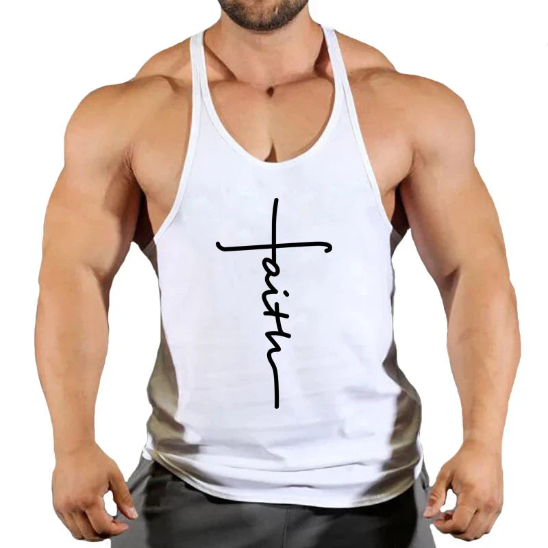White tank top with 'faith' printed on it worn by a person