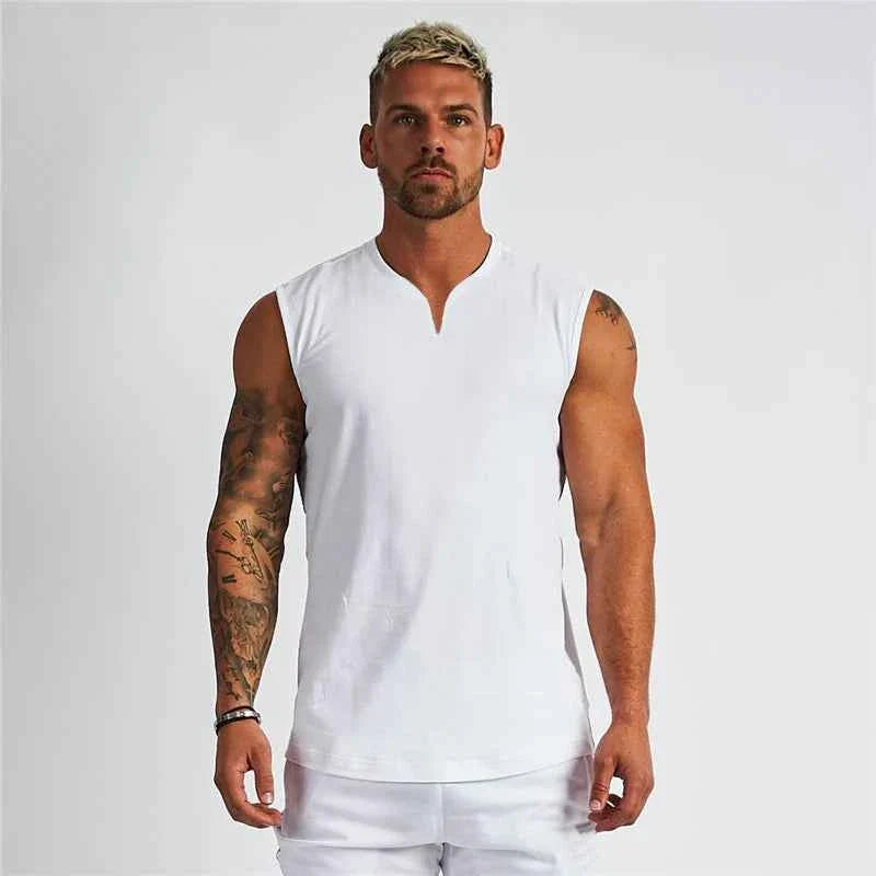 Men's Cotton V-Neck Gym Tank Top — Sleeveless Training Vest