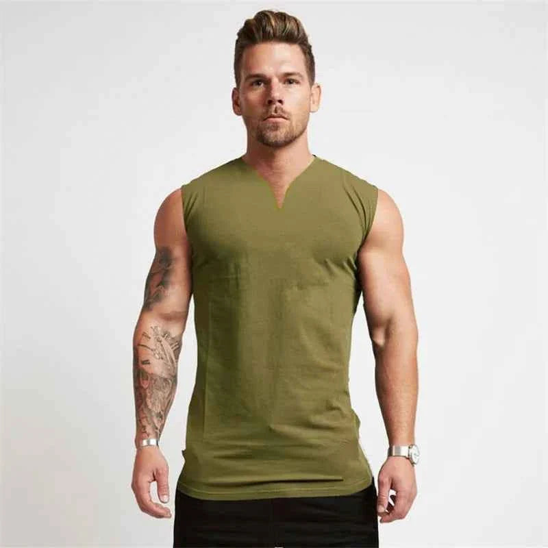 Men's Cotton V-Neck Gym Tank Top — Sleeveless Training Vest