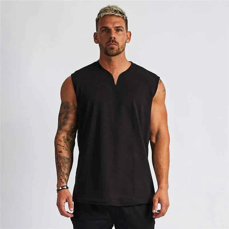 Men's Cotton V-Neck Gym Tank Top — Sleeveless Training Vest