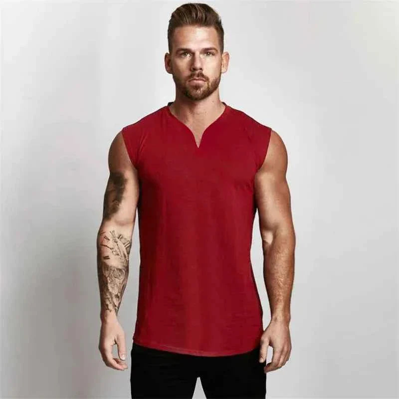 Men's Cotton V-Neck Gym Tank Top — Sleeveless Training Vest