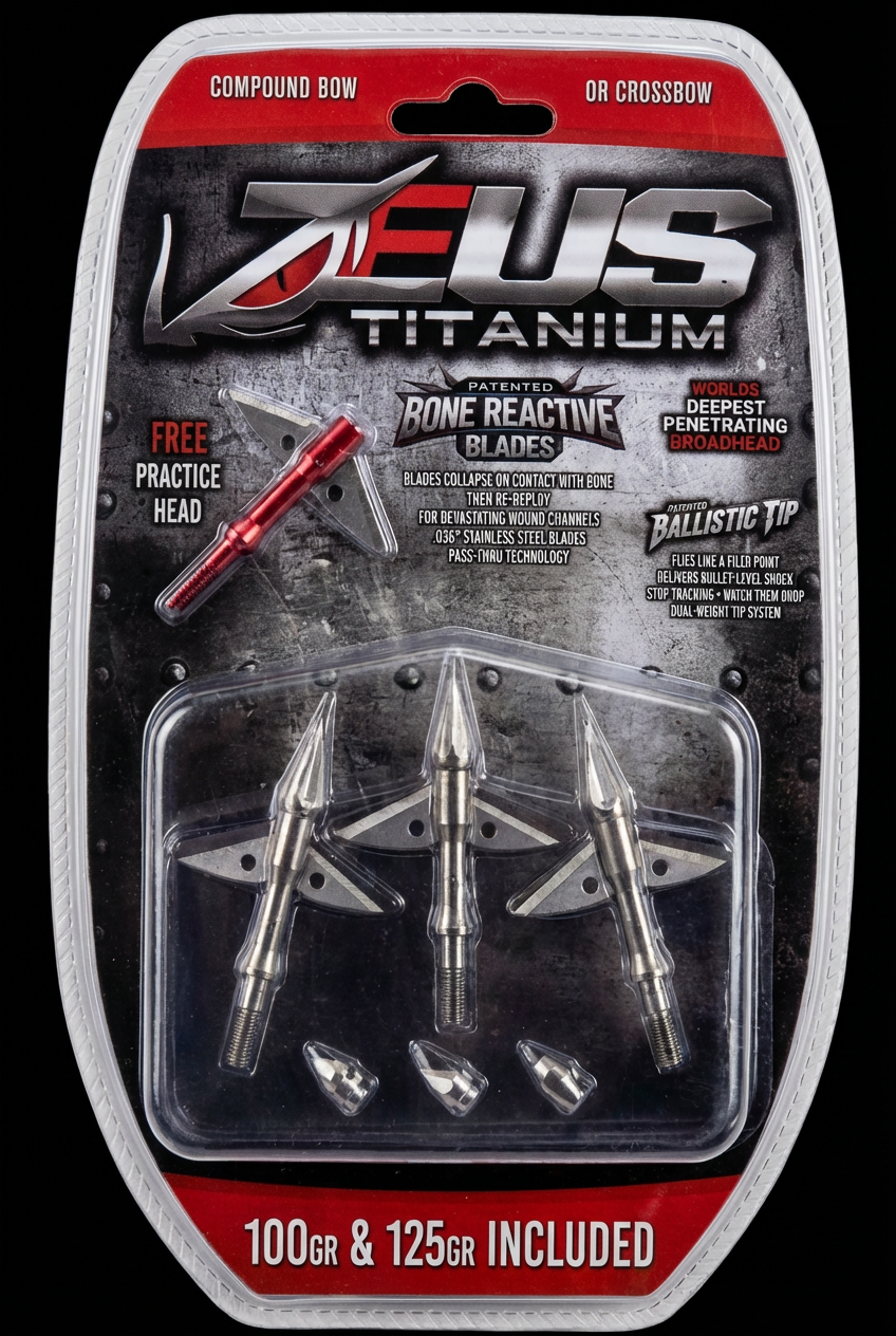 ZEUS TITANIUM  BROADHEADS (3 PACK) PLUS PRACTICE HEAD-COMES WITH BOTH 100/125 GR TIPS - 3Sons Sports & Fitness