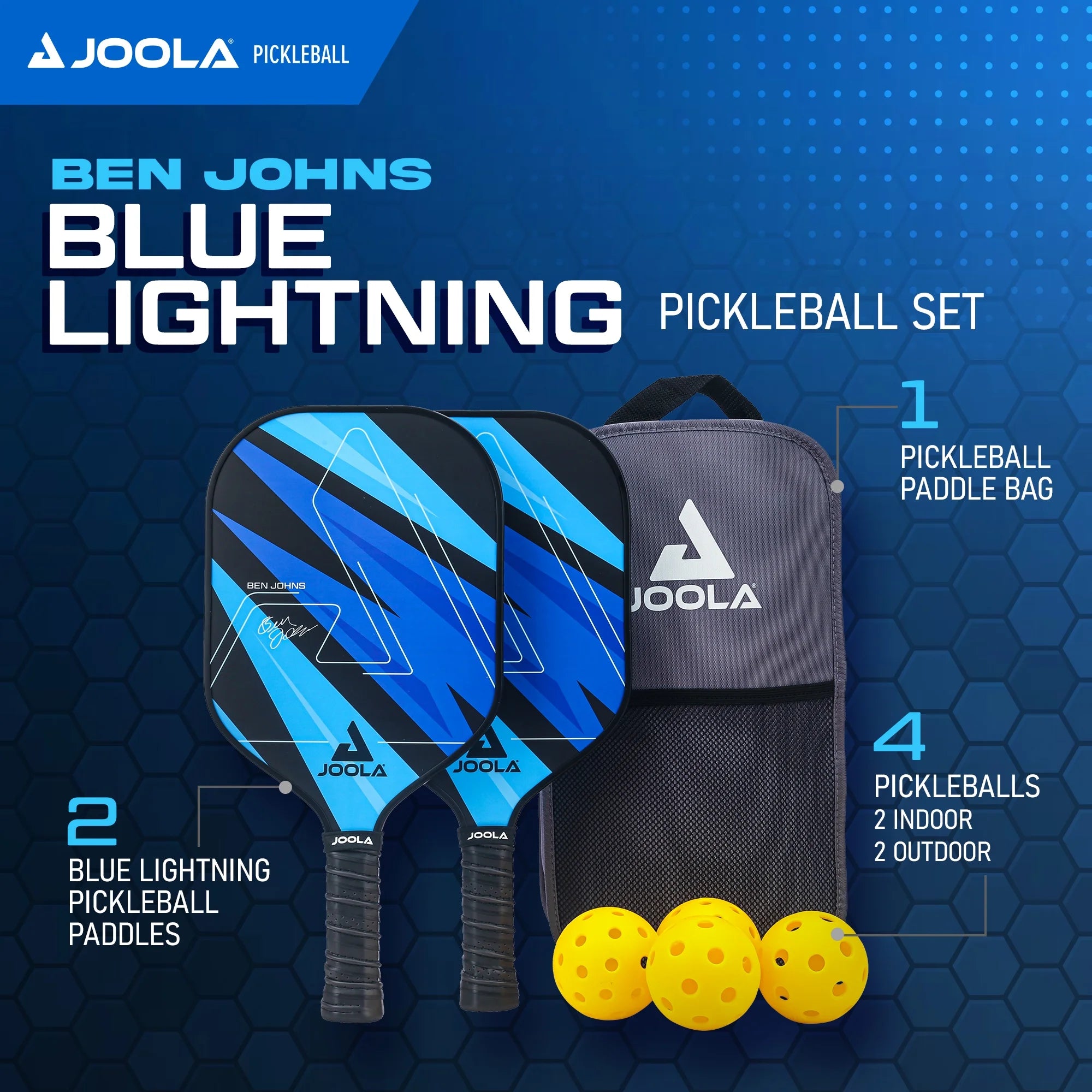 JOOLA Ben Johns Blue Lightning Pickleball Set, 2 Fiberglass Paddles with Honeycomb Core, Paddle Bag, 4 Balls