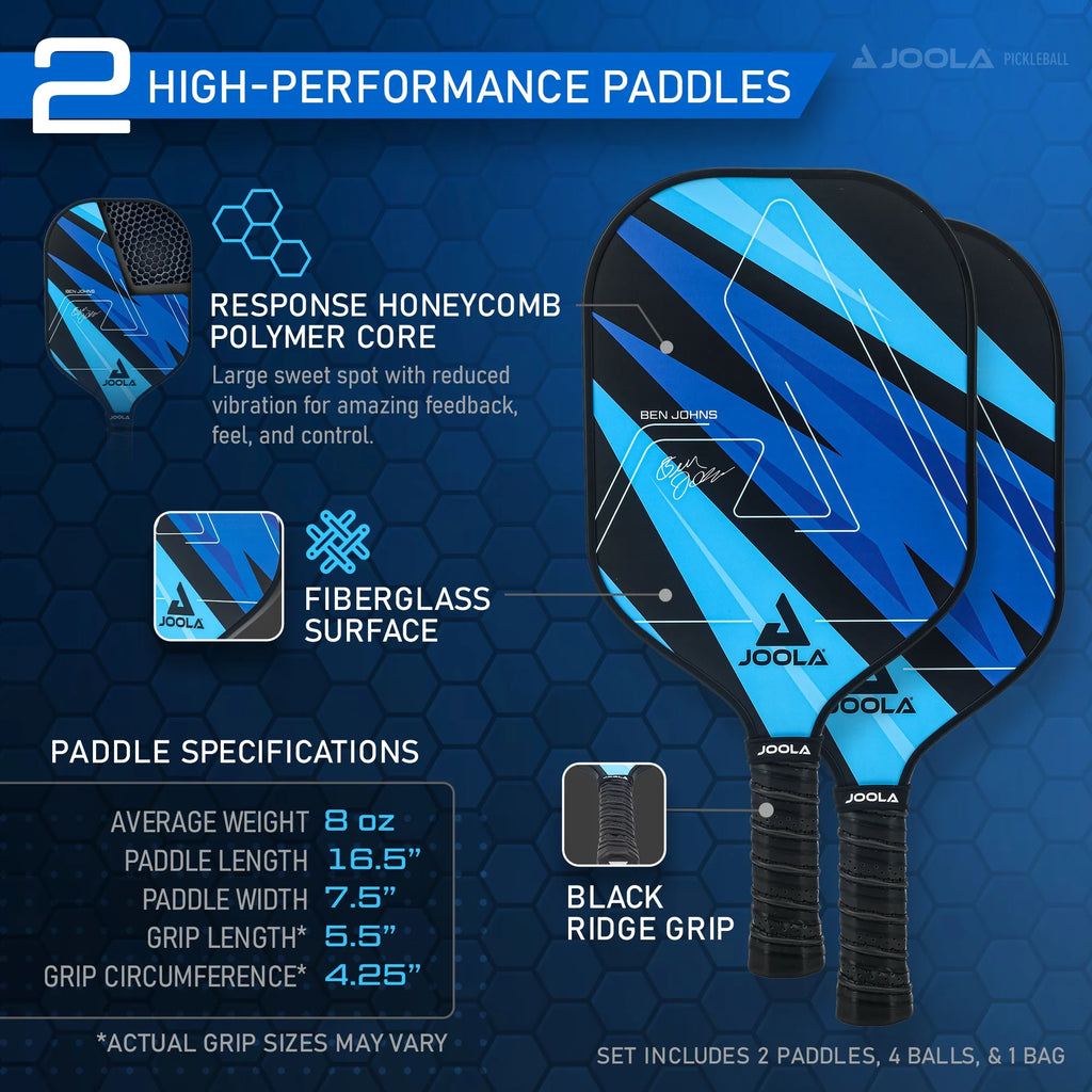 JOOLA Ben Johns Blue Lightning Pickleball Set, 2 Fiberglass Paddles with Honeycomb Core, Paddle Bag, 4 Balls