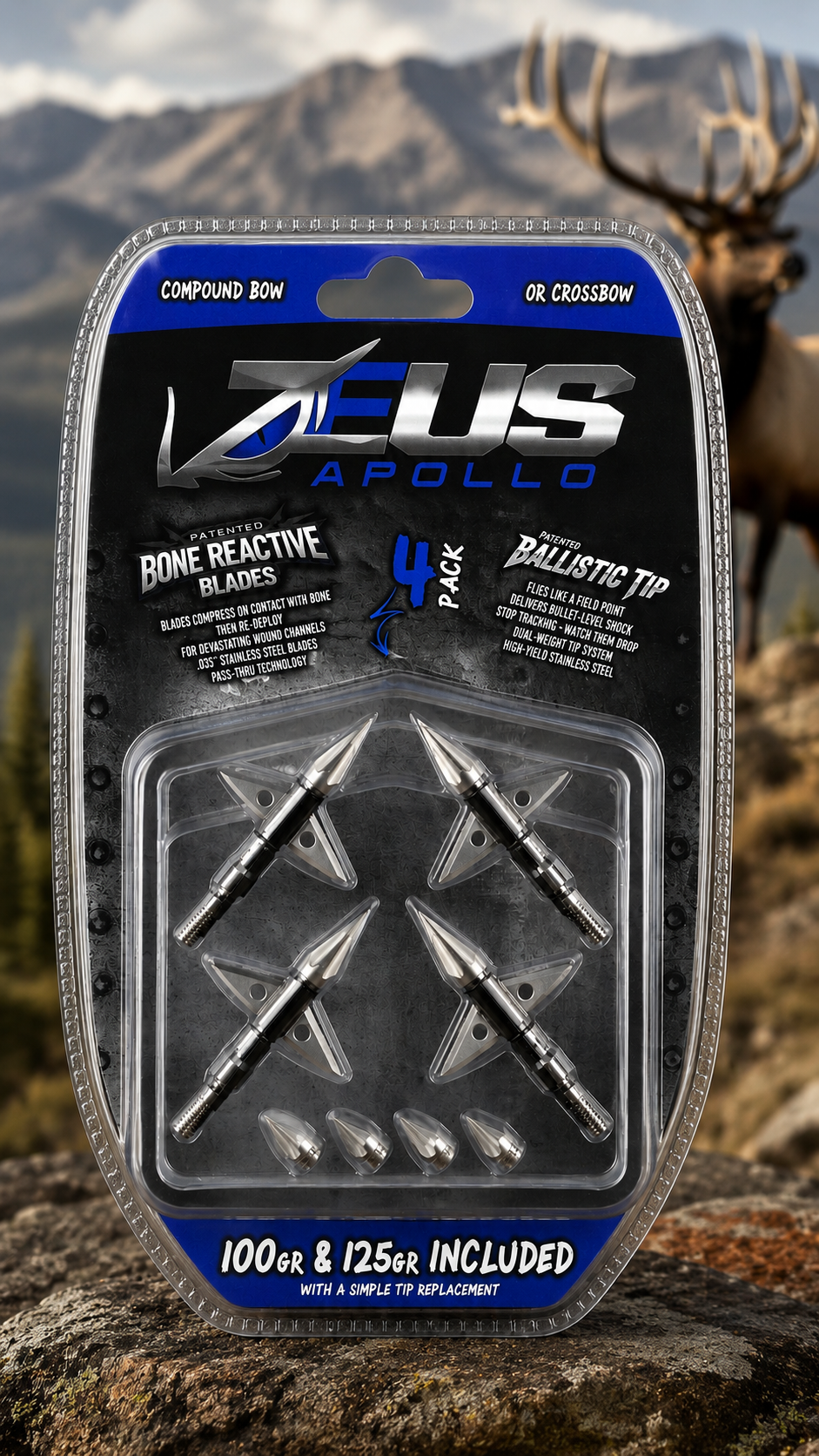 ZEUS APOLLO BROADHEADS (4 PACK)-COMES WITH BOTH 100/125 GR TIPS - 3Sons Sports & Fitness