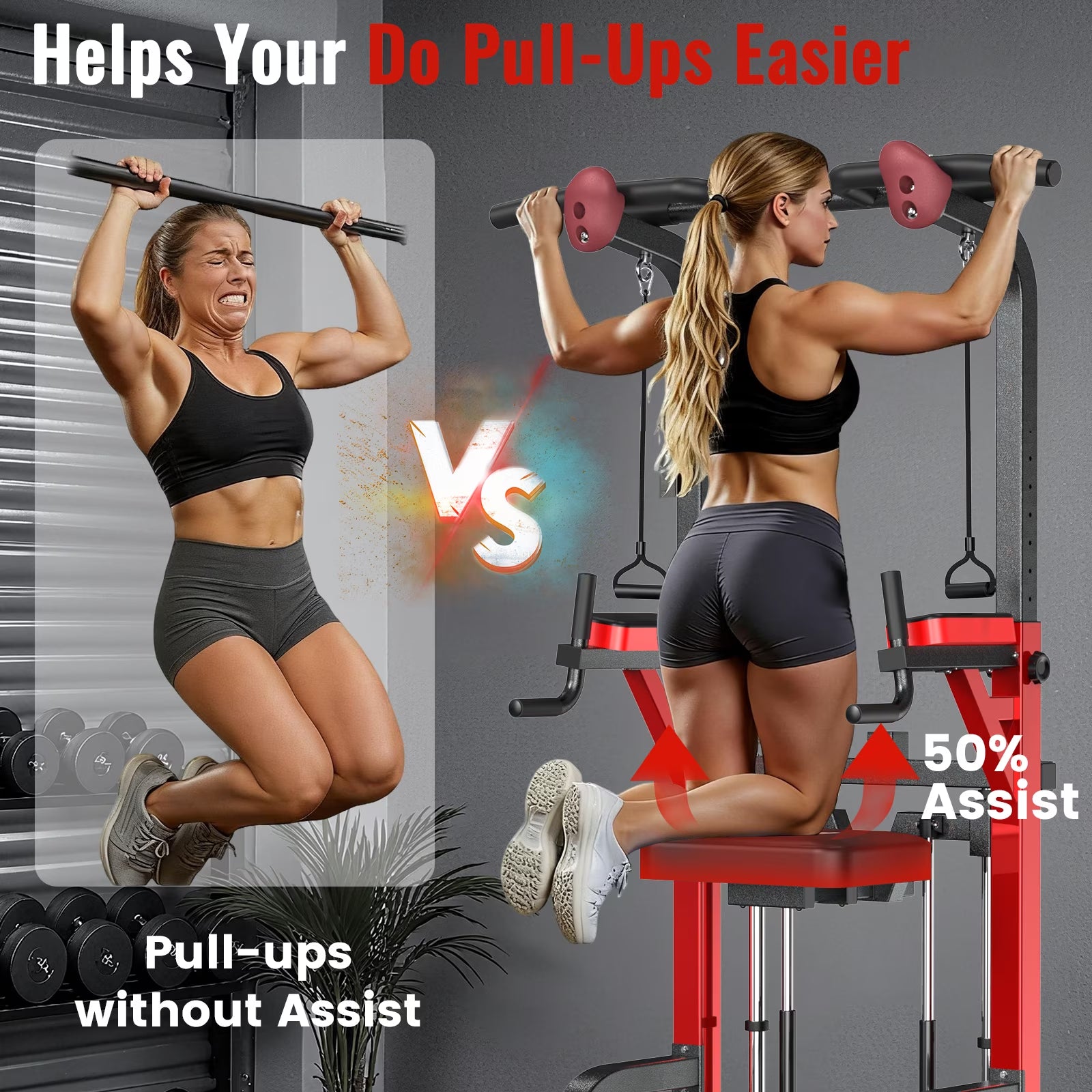 HASIMAN Power Tower Pull up Bar Dip Station with Resistance Assisted Pad Multi-Function Adjustable Height Home Gym Strength Training Fitness Workout Equipment 480 LBS