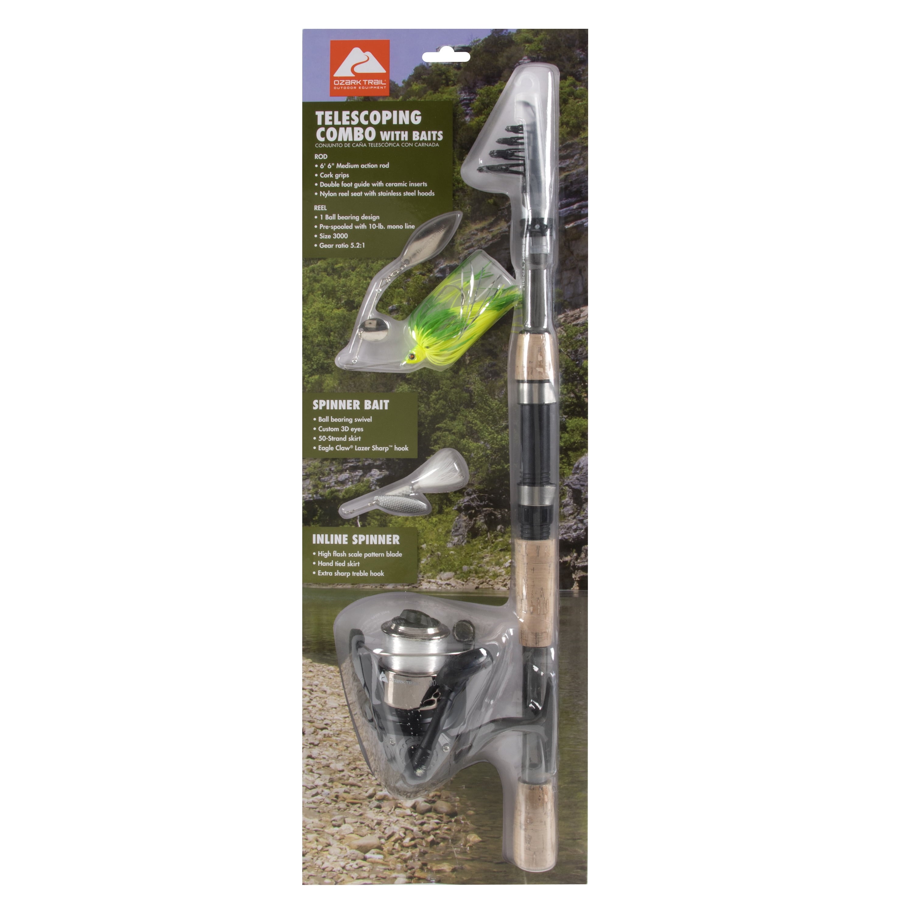 (3 Pack) Ozark Trail Composite Telescopic Fishing Rod and Reel Combo with Baits for Adults, Teens, and Kids, 6' 6", Gray