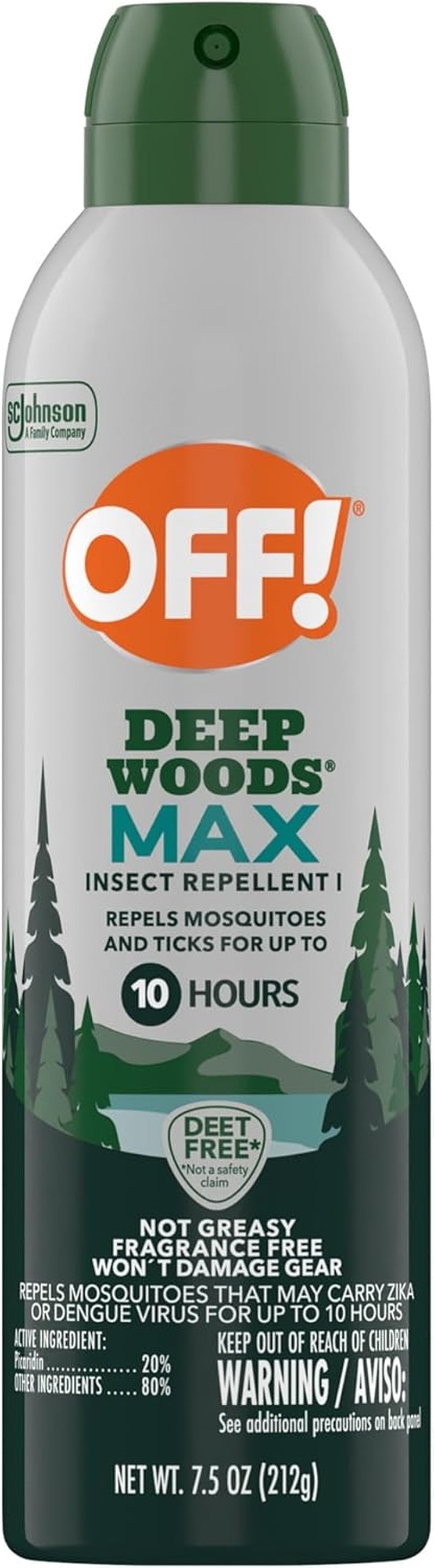 OFF! Deep Woods Max Insect Repellent, Mosquito & Tick Aerosol Bug Spray with 20% Picaridin, Long Lasting Deet-Free Protection for up to 10 Hours 7.5 Oz
