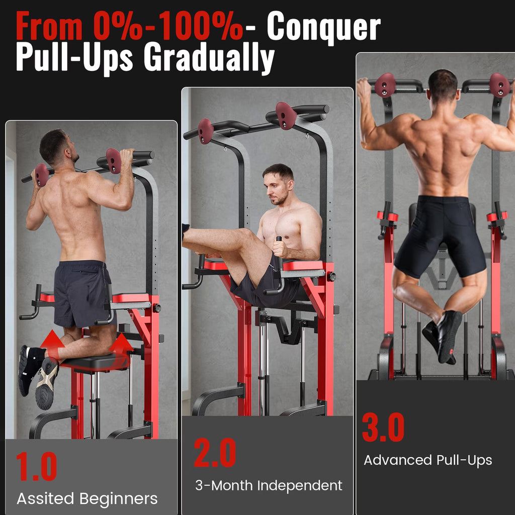 HASIMAN Power Tower Pull up Bar Dip Station with Resistance Assisted Pad Multi-Function Adjustable Height Home Gym Strength Training Fitness Workout Equipment 480 LBS