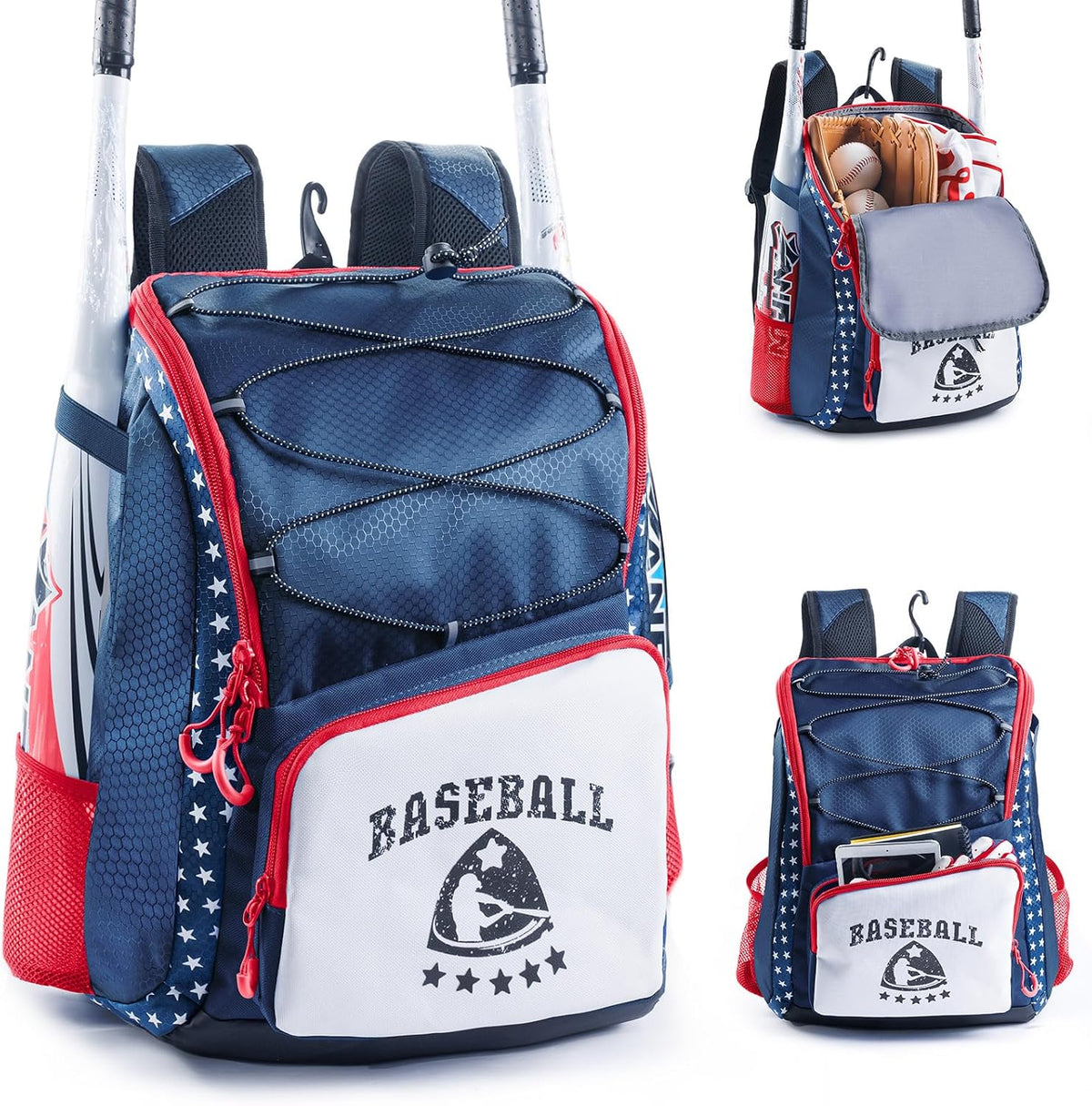 Baseball Bag for Youth & Adult with 4 Bat Sleeves - Softball Bat Bag with Shoe Compartment - Baseball Backpack for T-Ball, Softball Equipment, Baseball Gear, Baseball Bags for Boys 8-12