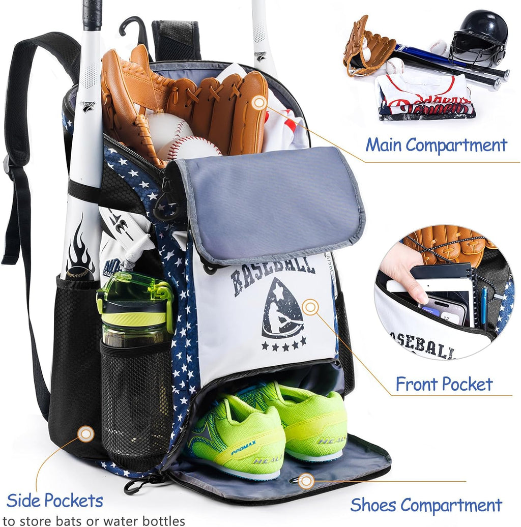 Baseball Bag for Youth & Adult with 4 Bat Sleeves - Softball Bat Bag with Shoe Compartment - Baseball Backpack for T-Ball, Softball Equipment, Baseball Gear, Baseball Bags for Boys 8-12