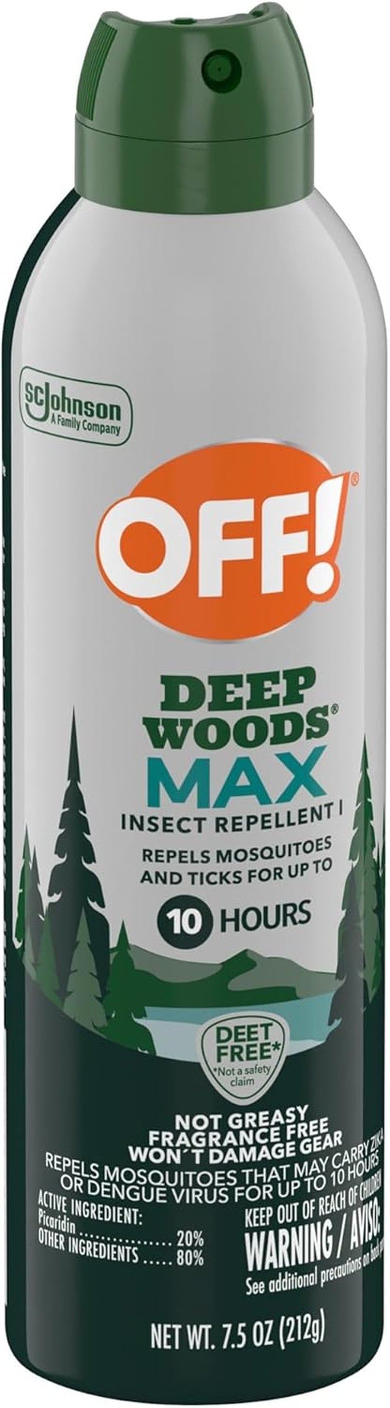 OFF! Deep Woods Max Insect Repellent, Mosquito & Tick Aerosol Bug Spray with 20% Picaridin, Long Lasting Deet-Free Protection for up to 10 Hours 7.5 Oz