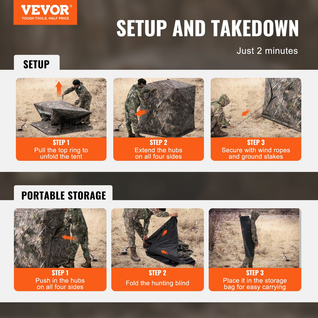 VEVOR Hunting Blind, 270° See through Ground Blind, 2-3 Person Pop up Deer Blind for Hunting with Carrying Bag, Portable Resilient Hunting Tent, One-Way See-Through Mesh for Turkey and Deer Hunting