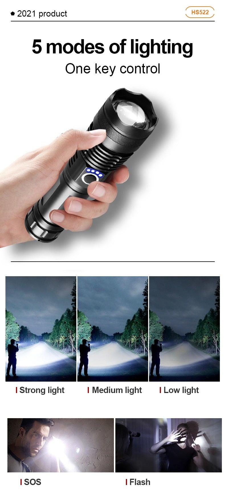 Rechargeable LED Flashlights High Lumens Waterproof Zoomable Super Bright Tactical Flashlight Powerful  USB LED CREE Flashlight  Hand Lamp For Hiking Camping Household Outdoor Sport - 3Sons Sports & Fitness